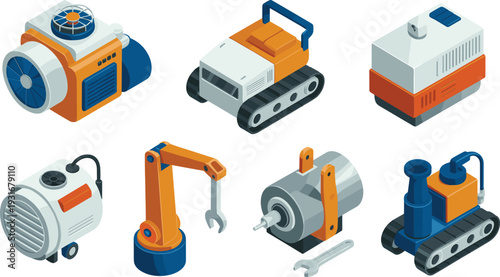 Isometric industrial equipment set with generator compressor robotic arm motor tracked machine illustration isolated white background