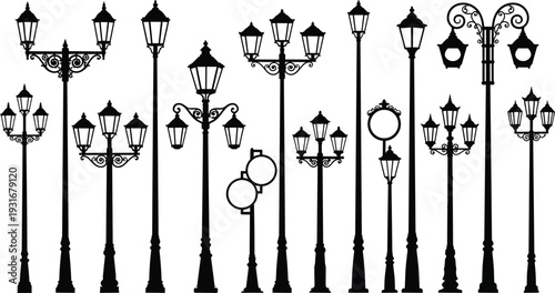 Vintage street lamp silhouettes collection, ornate decorative urban lighting vector illustration, architectural design artwork - flat vector illustration