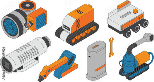 Isometric industrial machinery set with generator crawler robot motor robotic arm equipment illustration isolated white background