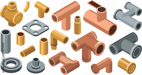 Isometric industrial plumbing pipe fittings collection with elbows tees flanges connectors metal components illustration isolated white