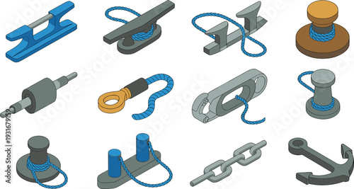 Isometric nautical equipment icons set with cleats bollards rope chain anchor winch marine hardware illustration isolated white