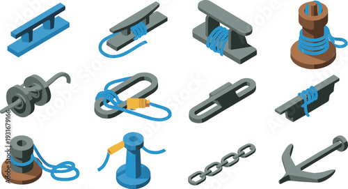 Isometric nautical equipment set with cleats bollards winch rope chain anchor marine hardware illustration isolated white
