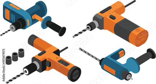 Isometric power drill tools set with electric drilling machines bits and accessories construction equipment 3D illustration isolated