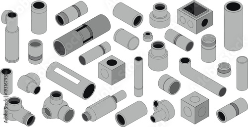 Isometric technical pipe fittings collection with threaded connectors elbows tees couplings industrial components isolated white