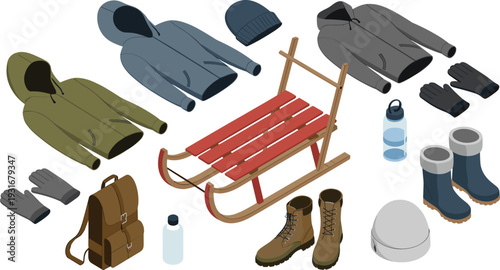 Isometric winter clothing and outdoor gear collection with jackets gloves boots sled backpack bottle illustration isolated