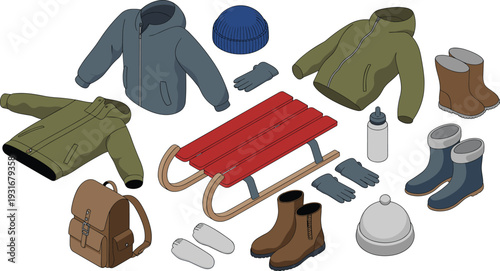 Isometric winter clothing and outdoor gear set with jackets boots gloves sled backpack thermos illustration isolated