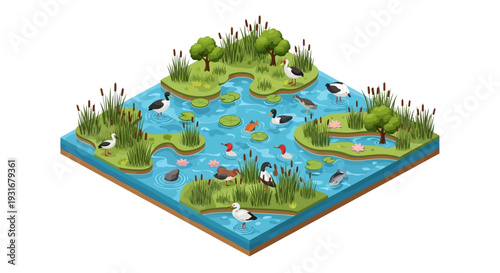 Isometric illustration of a vibrant wetland ecosystem with diverse wildlife, lush vegetation, and water features on a 3D map for conservation and ecology concepts