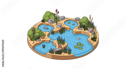 Isometric illustration of a wetlands ecosystem with a river, trees, and wildlife on a map for conservation and ecology concept