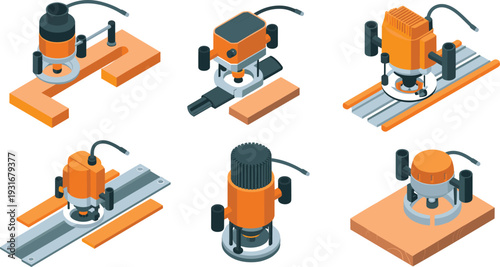Set of six isometric wood router tool illustrations, woodworking machinery on guide rails and timber, detailed vector workshop equipment