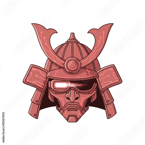 Red Cyberpunk Samurai Helmet with Glowing Visor and Tech Circuitry