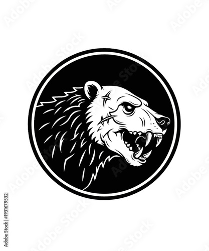 Ferocious snarling bear head vector graphic illustration featuring sharp teeth and rugged scars in monochrome.