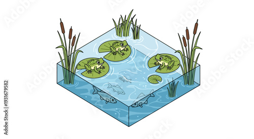 Isometric illustration of a wetland ecosystem with a bird on lily pads, surrounded by plants and water, showcasing conservation and ecology on World Wetlands Day