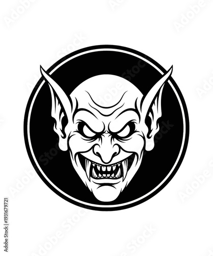 Menacing detailed vector graphic illustration of a sharp-toothed goblin or vampire head inside a circle