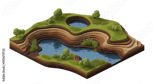 Isometric illustration of a cross-section of land with a river, trees, and a pond on World Wetlands Day, showcasing conservation and ecology in a 3D vector concept