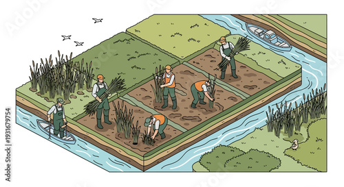 Isometric illustration of people planting trees and conserving wetlands on a layered earth map with a river, promoting ecology and nature conservation