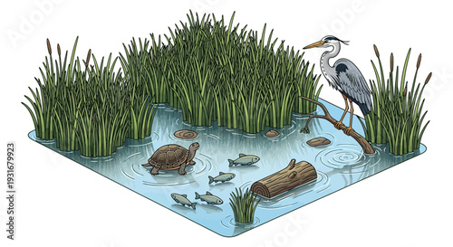 Isometric illustration of a wetland ecosystem with a heron, turtle, fish, and lush vegetation on a 3D map, highlighting conservation and ecology