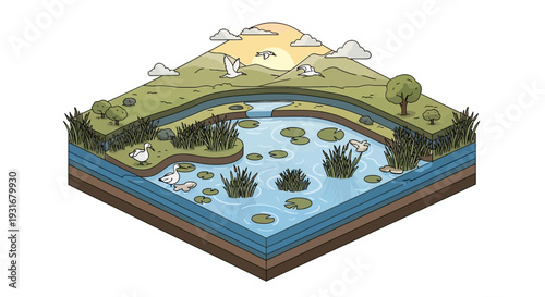 Isometric illustration of a wetlands ecosystem with a bird, river, and people interacting in a natural environment on World Wetlands Day, promoting conservation and ecology