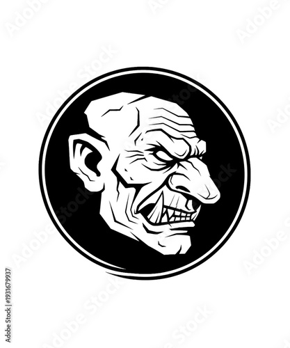 Intense and intimidating vector illustration of a fantasy orc or goblin head with sharp fangs and aggressive expression.
