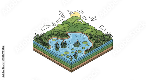 Isometric illustration of a vibrant wetland ecosystem with a river, trees, and wildlife on a layered earth map, promoting conservation and ecology