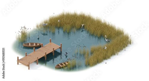 Isometric illustration of a serene wetlands scene with a wooden dock, boats, and various wildlife on a calm body of water surrounded by lush greenery on a sunny day