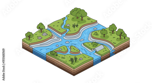 Isometric illustration of a world wetlands day concept with a river flowing through a green landscape with trees and people, showcasing conservation and ecology on a 3D map of the earth