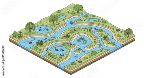 Isometric illustration of a world wetlands day concept featuring a 3D map with winding rivers, trees, and wildlife on a green land with a focus on conservation and ecology