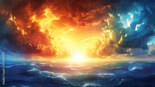 vibrant sunrise or sunset over the ocean Sunset stormy, dramatic view