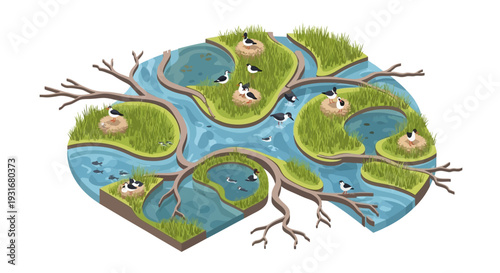 Isometric illustration of a wetlands map with trees, rivers, and wildlife on a heart-shaped land, promoting conservation and ecology