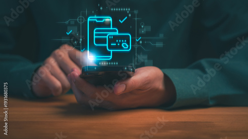 Hand using smartphone for mobile payment and digital wallet. Fintech technology for online shopping, banking, and contactless credit card e-commerce transactions.