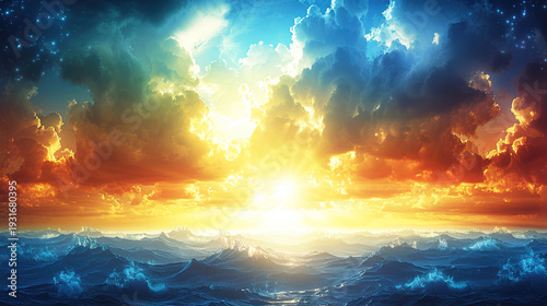 vibrant sunrise or sunset over the ocean Sunset stormy, dramatic view