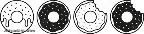 Black and White Donut Set Collection with Glaze Topping and Bite Mark Minimal Line Art Vector Illustration