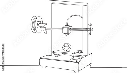 3D printer machine in continuous one line drawing. Modern technology manufacturing in simple linear style. Industry equipment in editable stroke. Doodle oneline vector art