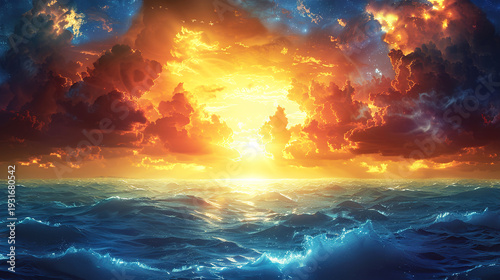 vibrant sunrise or sunset over the ocean Sunset stormy, dramatic view