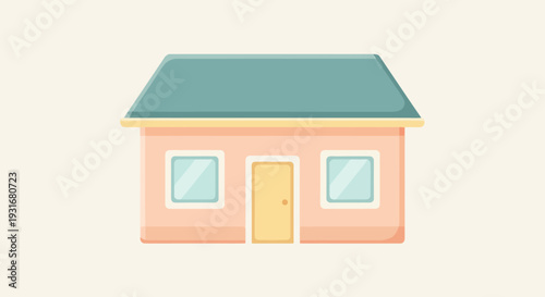 Charming illustration of a simple, cozy house with a teal roof and pastel pink walls, featuring two windows and a yellow door