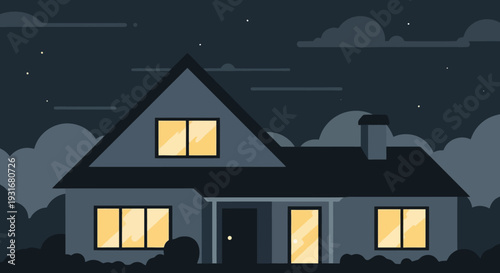 Cozy Nighttime Residence with Warm Glowing Windows and Silhouetted Trees Under a Cloudy Sky