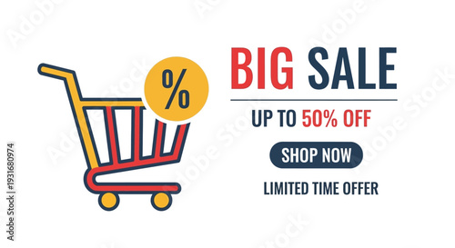 Big Sale Promotion: A vibrant illustration showcasing a shopping cart, enticing shoppers with a special discount, and a limited-time offer. 