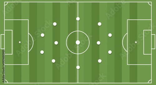 Soccer Field Strategy: A comprehensive view of the soccer field. showcasing the strategic placement of players in a symmetrical formation.