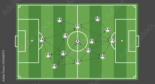 Soccer Strategy: Overhead view showcasing strategic team formation and player positioning on a detailed soccer field. The image is a visual representation of teamwork and tactical planning in action.