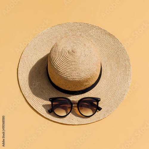 Stylish Summer Hat and Sunglasses on Bright Yellow Background