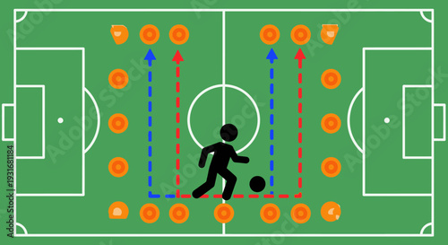Strategic Soccer Formation: An illustrative representation of a soccer game, featuring a strategic player positioning and game tactics diagrammed on a green field.