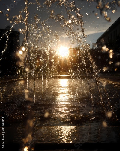 Sunlight Reflection Through Water Fountain Droplets at Sunset