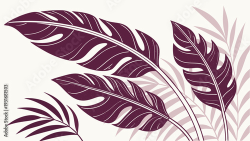 Elegant Botanical Illustration with Deep Purple Tropical Leaves.