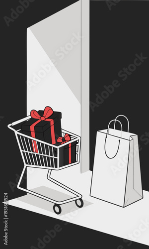 Shopping cart with gift box and paper bag at doorstep.