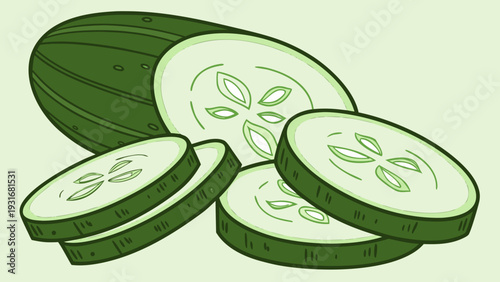 Fresh Green Cucumber Slices on a Light Green Background.