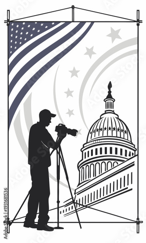Silhouette of a cameraman filming the US Capitol Building with an American flag in the background.