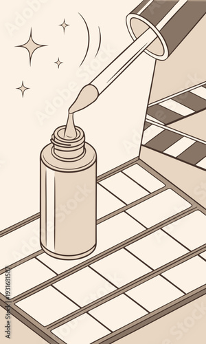 Skincare dropper bottle with liquid serum on a makeup palette beauty product illustration.