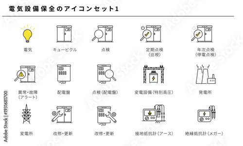 電気設備保全の点検アイコンセット1 キュービクル 配電盤 変電設備 発電所 接地抵抗計 絶縁抵抗計