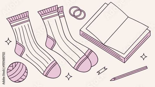 Handdrawn illustration of cozy socks yarn and a book perfect for a relaxing day.