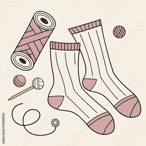 Handdrawn illustration of knitting socks with yarn and needles.