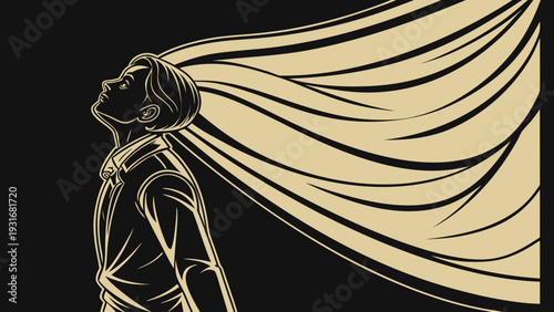 Stylized illustration of a person with flowing hair looking upwards.